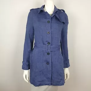 Sportscraft Size 10 Linen Long Jacket Blue Belt Pockets Long Sleeve Collar Women - Picture 1 of 15