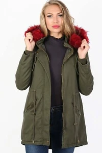 Parka Coat Faux Red Fur Trim Hooded Parka Coat Jacket - Picture 1 of 3