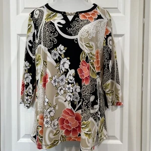 JM Collection Bluse Top Stretch Polyester Blumenmuster Kettenausschnitt XL - Bild 1 von 11