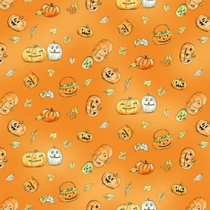 Halloween Parade Pumpkins Y4111-36 Orange Fabric Jeram BTHY CATS KIDS DOGS BATS - Picture 1 of 3