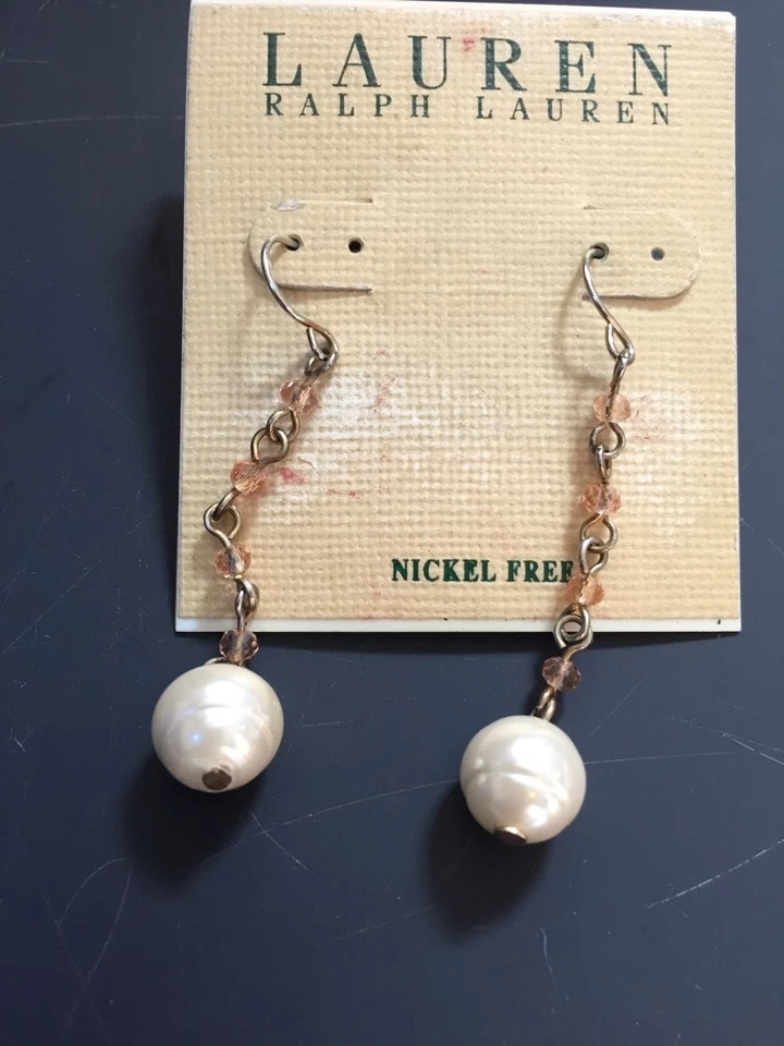 $34 Ralph Lauren  Silver  Tone Pearl Earrings On A Chain #39 - Image 1 of 1