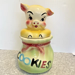 VTG AMERICAN BISQUE PIG IN A POKE COOKIES JAR 12” GREEN YELLOW inner rim chip - Picture 1 of 22