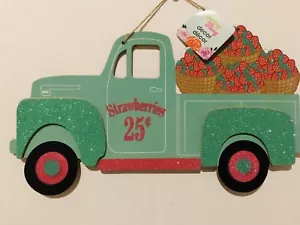 New! Spring Red Truck Strawberries Sign Accent SPRING FLING farmhouse rustic - Picture 1 of 2