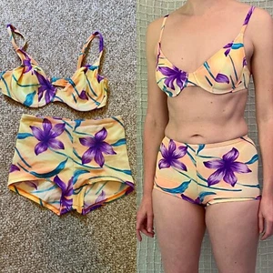 Vintage 90s Neon Orange Purple Tropical Floral Underwire Bikini La Blanca size S - Picture 1 of 14