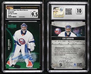 2021-22 Skybox Metal Universe Green /10 Ilya Sorokin #29 CSG 9.5 Mint Plus Auto