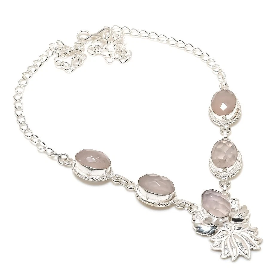 Collar Joyería Plata de Ley 925 Hecho a Mano Piedras Preciosas Cuarzo Rosa Talla 18" Foto 1 de 1