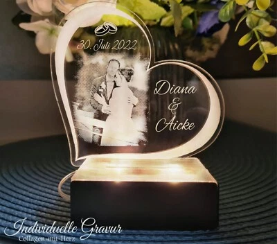 Aufsteller Herz mit LED Beleuchtung + Fotogravur / Textgravur Geschenk Hochzeit