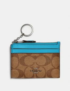 Mini estuche de identificación delgado Coach con llavero de lona de firma plateado/caqui/aqua - nuevo con etiquetas - Imagen 1 de 8