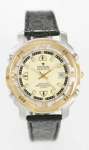 Montre homme Croton argent inoxydable or cuir noir 50 m date beige bat quartz - Photo 1 sur 3