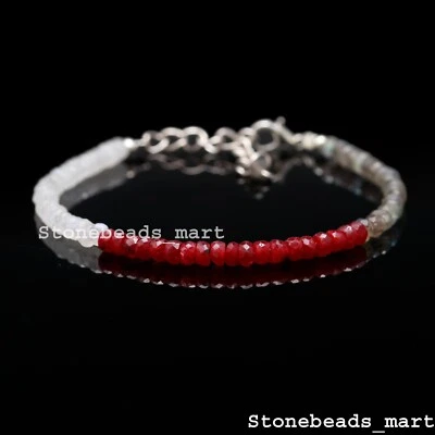 925 Sterling Silver Corundum Ruby+Rainbow Moonstone+Labradorite Bracelet 7" - Image 1 of 4