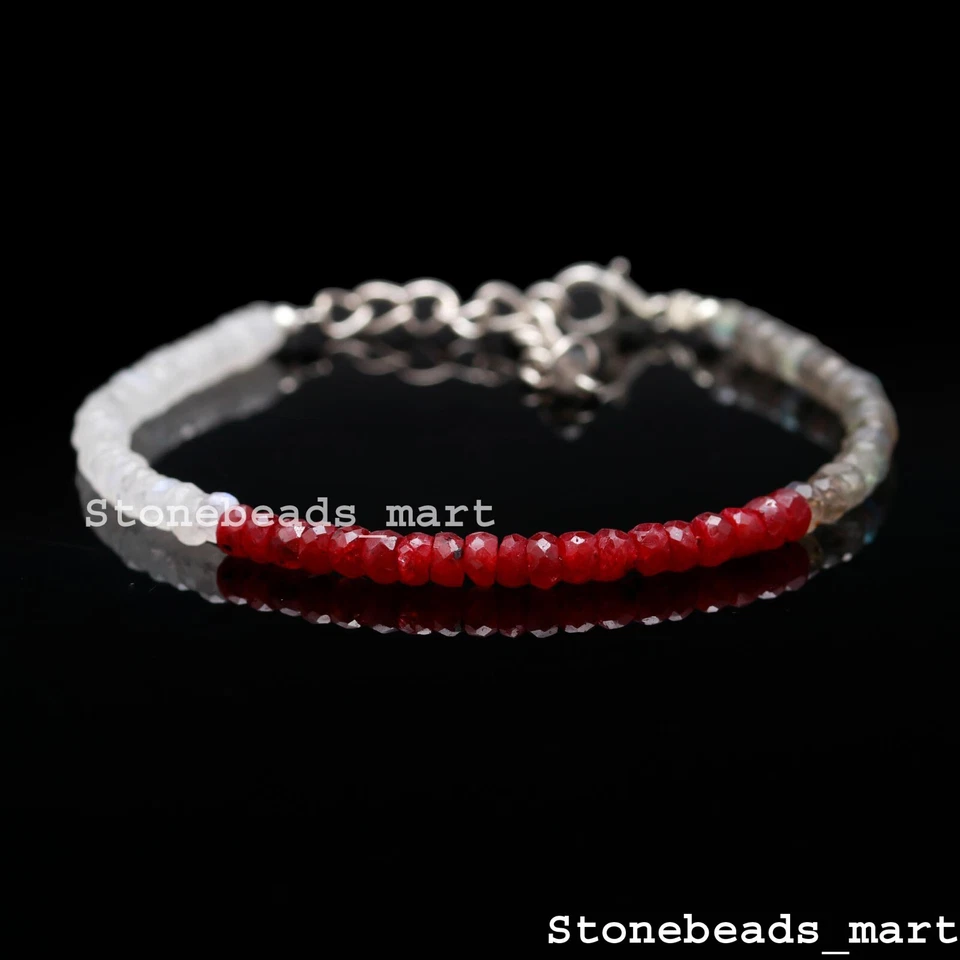 925 Sterling Silver Corundum Ruby+Rainbow Moonstone+Labradorite Bracelet 7" - Image 1 of 4