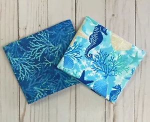Juego de 2 cuartos de tela FQ Fat Quarter Ocean Beach azul coral Sea Creatures 100 % algodón NUEVO - Imagen 1 de 3