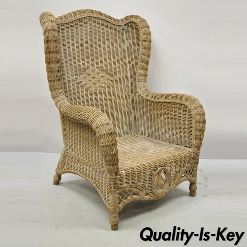 Large Woven Wicker Rattan Victorian Style Wingback Lounge Arm Chair Cover