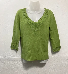 Dana Buchman Seidenmischung Strick V-Ausschnitt Top grün Häkel Applikation Fee Gr. M - Bild 1 von 10