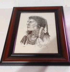 Native American Man Signed By Artist Drawing In A Wooden Frame - Picture 1 of 6