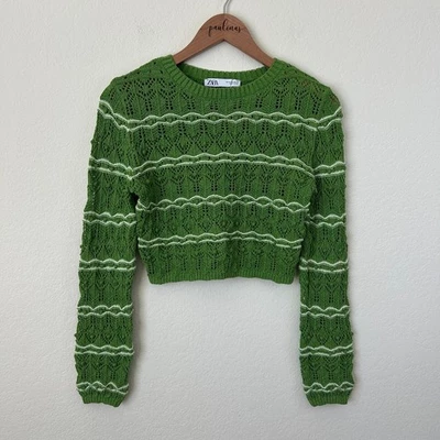 Suéter Zara Mujer Medio Verde Rayas Crochet Manga Larga Tejido Top Corto M Foto 1 de 4