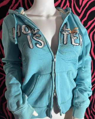 Hollister VTG Hoodie Double Zip Turquoise White Front Logo Womens Size M - Image 1 of 4