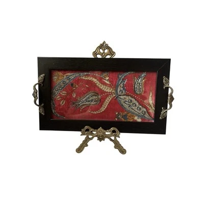 Vintage Wooden Brass Glass Red Serving Tray Platter Flowers Embroidery Art - Image 1 of 4