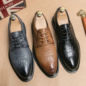 Mens Pointed Toe Lace Up Formal Dress Evening Party Crocodile Print Shoes Spring - Picture 1 of 19