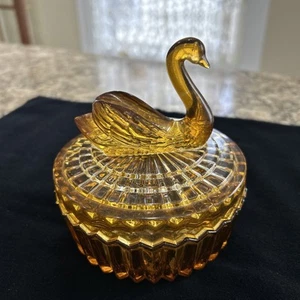 Jeanette Glass Dresser Dish, Powder/Trinket Box, Marigold Swan Lipstick, Vintage - Picture 1 of 16