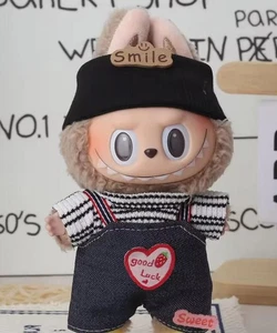 Denim Overall Outfit w/ Striped Top & Black Beanie Good Luck Style for Labubu - Picture 1 of 1