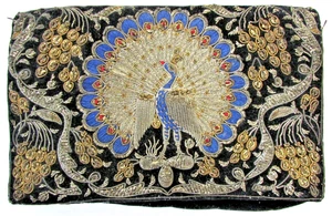 Embroidered Peacock Clutch Bag Vintage Purse Beaded Metal Pop Closure Velvet - Picture 1 of 21