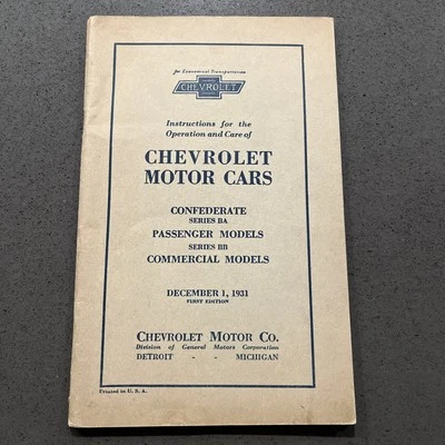 1931 Instrucciones para operaciones de autos Chevrolet Confederate BA BB 69pg Foto 1 de 4