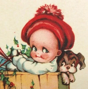 Vintage Antique Christmas Card 1940s Kewpie Doll Puppy Sleigh Dog Presents RARE! - Picture 1 of 9
