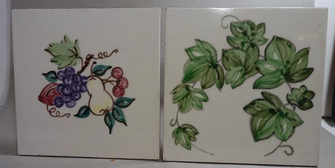 BAB96 PAIR (2) ART POTTERY TILES, Marked PT hand painted Ivy and flowers Cover