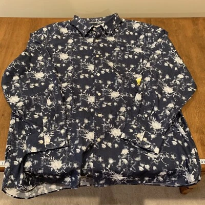 全新无标签 Hickey Freeman 男式花卉衬衫 3XL 海军蓝白色长袖棉质 — 第 1/4 张图片