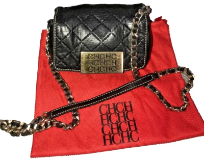 Carolina Herrera Black Mini Quilted metal Logo with Chain leather shoulder Bag - Image 1 of 4