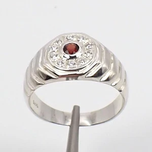 Natural Garnet and CZ Gemstone Signet Gent Ring Genuine 925 Sterling Silver - Picture 1 of 18