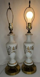 Pair of French White Glass Hand painted w/Gold, Brass Bases Hollywood Regency - Picture 1 of 12