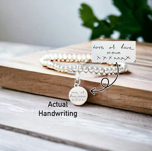 Pulsera de plata grabada personalizada, dije, regalo, escritura real, cuentas - Imagen 1 de 3
