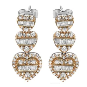 Baguette & Round Diamond Heart Drop Earrings 14K Yellow and White Gold 1.10Cttw - Picture 1 of 6