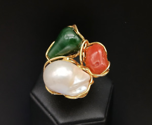 anello donna fascia perla barocca corallo rosso di Sardegna giada verde argento