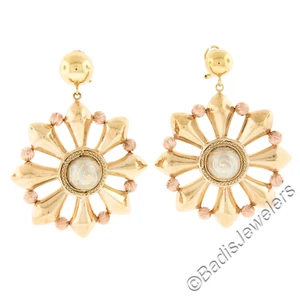 Large Tri Color Gold Diamond Cut Puffed Electroformed Design Earrings - Picture 1 of 5