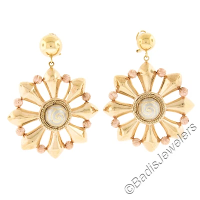 Large Tri Color Gold Diamond Cut Puffed Electroformed Design Earrings - Image 1 of 4