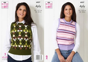 Knitting Pattern Ladies Striped or Argyle Vest Top Slipover King Cole 4ply 6027 - Picture 1 of 4