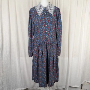 Laura Ashley Joanie Dress Ditsy Floral Lace Collar Puff Sleeve UK 16 Navy - Picture 1 of 19