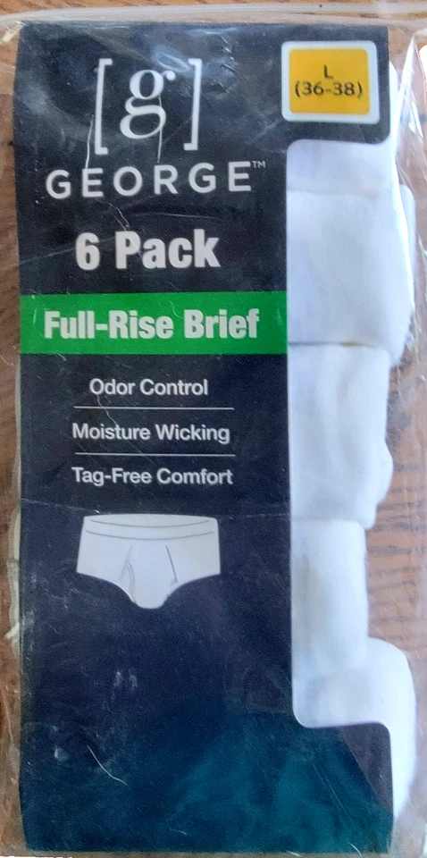 George Men's Size L (36-38) Full Rise Cotton Briefs 6-Pack White