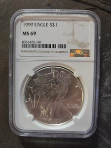 1999   $1 American Silver Eagle S NGC MS69 Brown Label - Picture 1 of 2