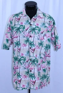 Camisa De Colección Go Barefoot Hawaiana Botón L Hecha en Palma EE. UU. Hawaii Rosa Flamencos Tiki - Imagen 1 de 16