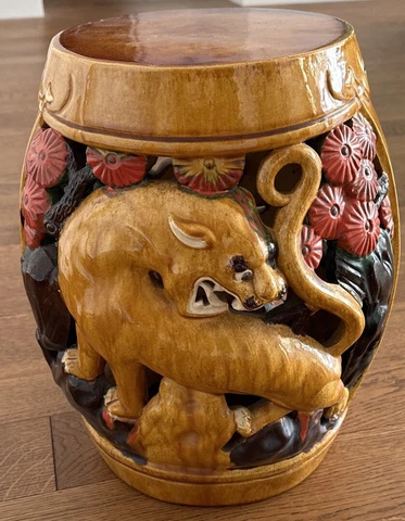Rare Asian Drum Ceramic Garden Stool Mountain Lion In Lush Cherry Blossom Tree Cover