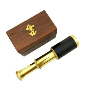 Telescopio de latón náutico artesanal de cuero de 9" con caja de madera de anclaje Foto 1 de 3