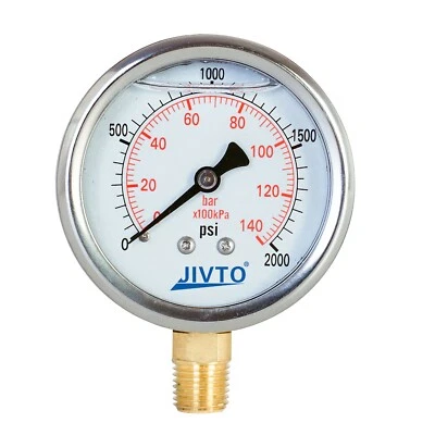 JIVTO Pressure Gauge,Glycerin Filled, 2-1/2" Dia,0-2000 psi, 1/4 NPT Lower Mount - Image 1 of 4