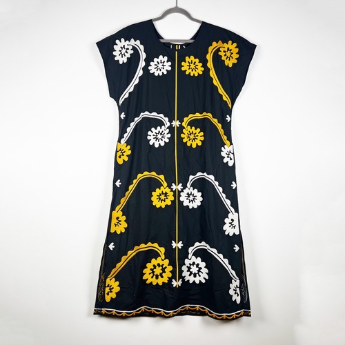 NUOVO abito midi Tory Burch ricamato cotone popeline nero multi stampa caftano L