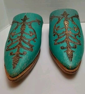 1950'-60's  Moroccan Ladies Mules Blue Leather Hand Stitched - Picture 1 of 8