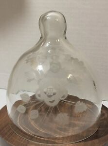 Vtg UCGC Peru Glass Display Dome Cloche Clear Etched Flowers No Base 8×6.75"