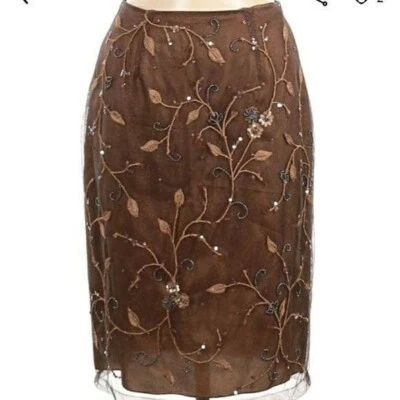 Falda De Colección Rickie Freeman Formal Superposición Floral Cuentas Bordada Marrón 6 Foto 1 de 4